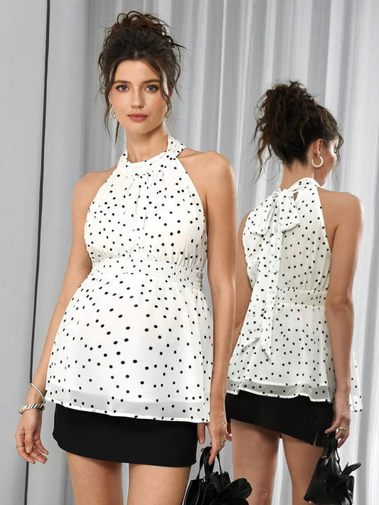 Maternity Polka Dot Halter Blouse - Halter Neck, Tie Back, Ruched Waist, Chiffon, Black and White