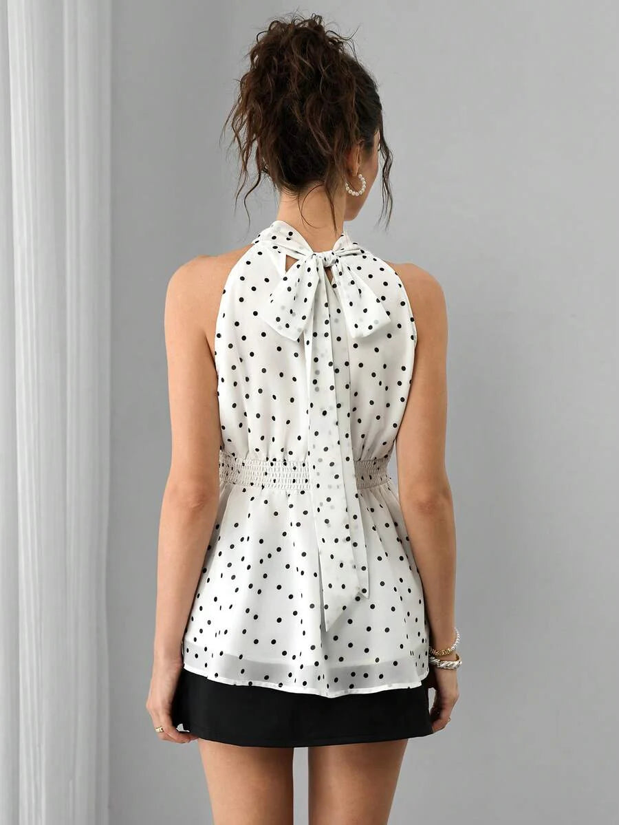 Maternity Polka Dot Halter Blouse - Halter Neck, Tie Back, Ruched Waist, Chiffon, Black and White