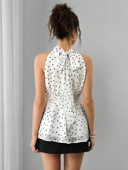 Maternity Polka Dot Halter Blouse - Halter Neck, Tie Back, Ruched Waist, Chiffon, Black and White