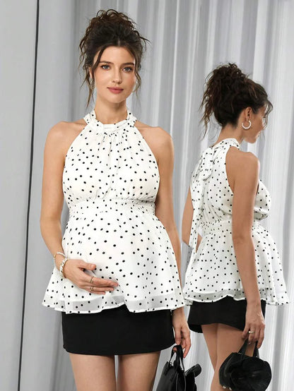 Maternity Polka Dot Halter Blouse - Halter Neck, Tie Back, Ruched Waist, Chiffon, Black and White
