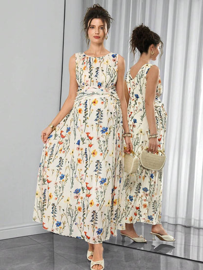 Maternity Floral Mesh A-Line Long Dress - Round Neck, Sleeveless, Lace Up, Slim Fit, Multicolor