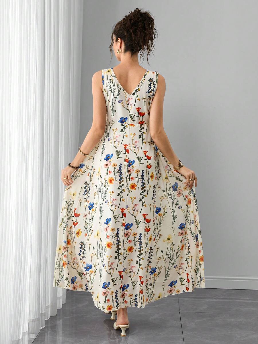 Maternity Floral Mesh A-Line Long Dress - Round Neck, Sleeveless, Lace Up, Slim Fit, Multicolor