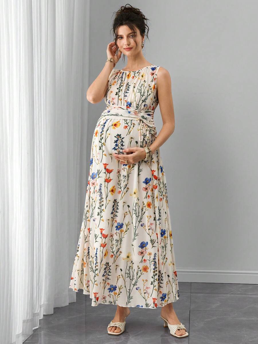 Maternity Floral Mesh A-Line Long Dress - Round Neck, Sleeveless, Lace Up, Slim Fit, Multicolor