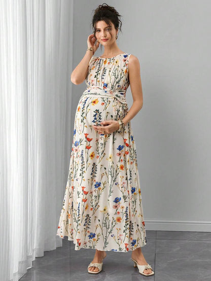 Maternity Floral Mesh A-Line Long Dress - Round Neck, Sleeveless, Lace Up, Slim Fit, Multicolor