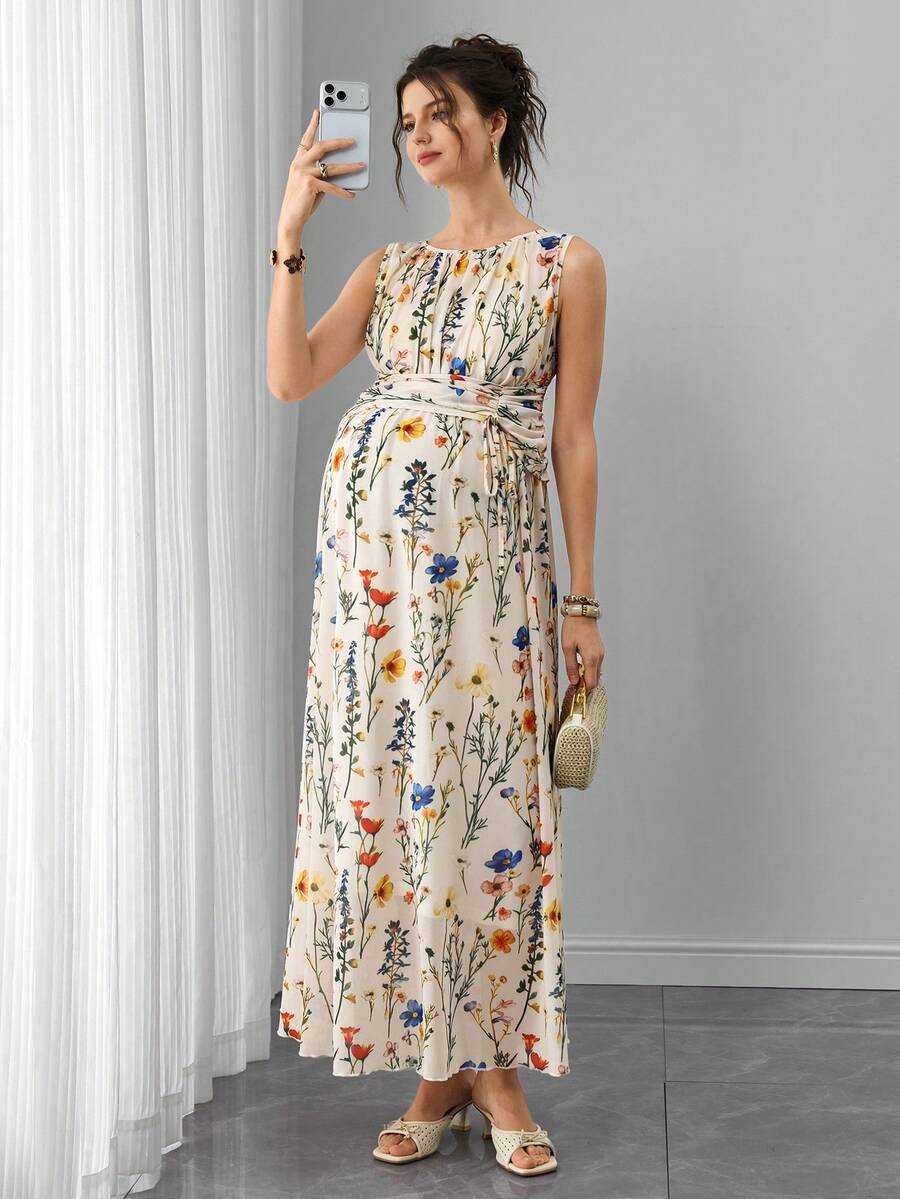Maternity Floral Mesh A-Line Long Dress - Round Neck, Sleeveless, Lace Up, Slim Fit, Multicolor