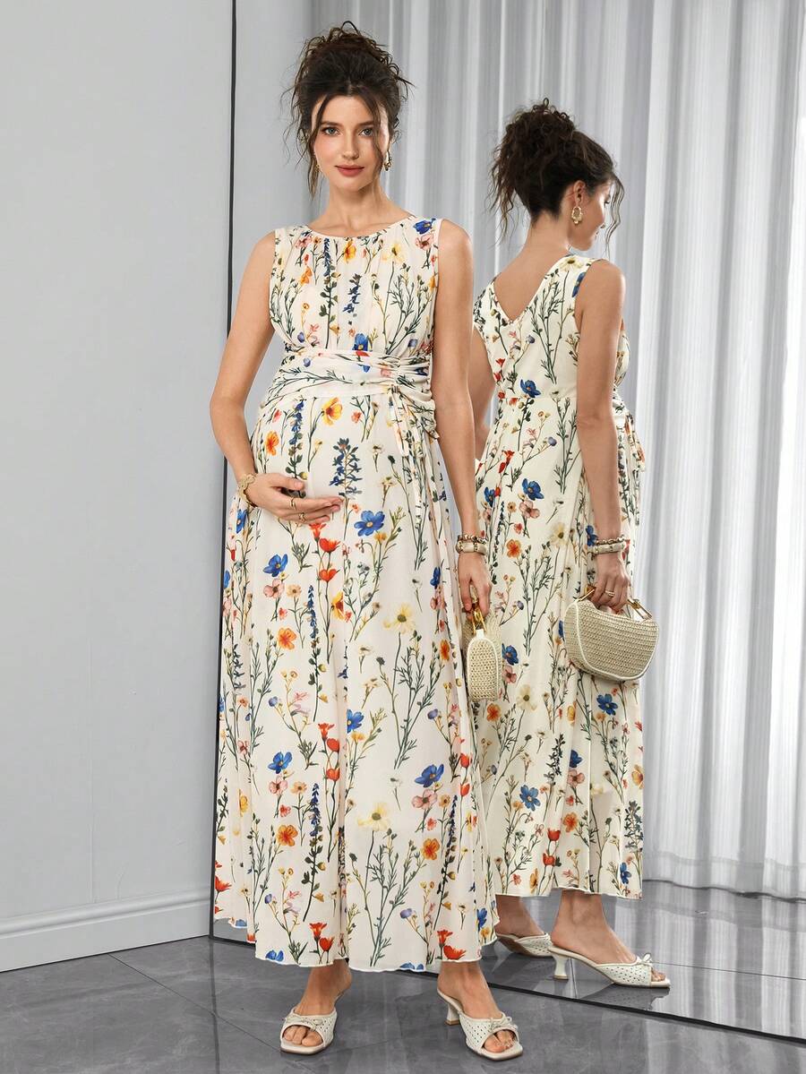Maternity Floral Mesh A-Line Long Dress - Round Neck, Sleeveless, Lace Up, Slim Fit, Multicolor