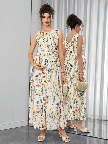 Maternity Floral Mesh A-Line Long Dress - Round Neck, Sleeveless, Lace Up, Slim Fit, Multicolor