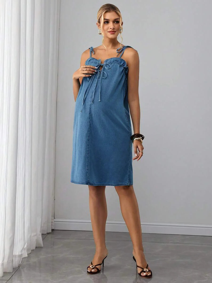 Maternity Denim Mini Dress - Spaghetti Strap, Cold Shoulder, Tie Waist, Pocket, Medium Wash