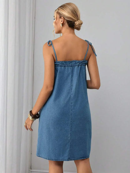 Maternity Denim Mini Dress - Spaghetti Strap, Cold Shoulder, Tie Waist, Pocket, Medium Wash