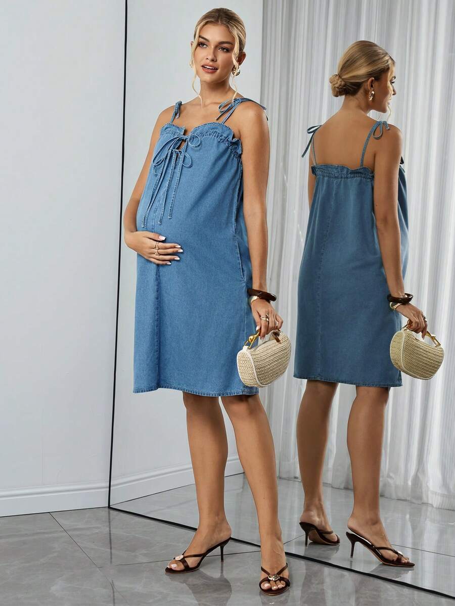 Maternity Denim Mini Dress - Spaghetti Strap, Cold Shoulder, Tie Waist, Pocket, Medium Wash