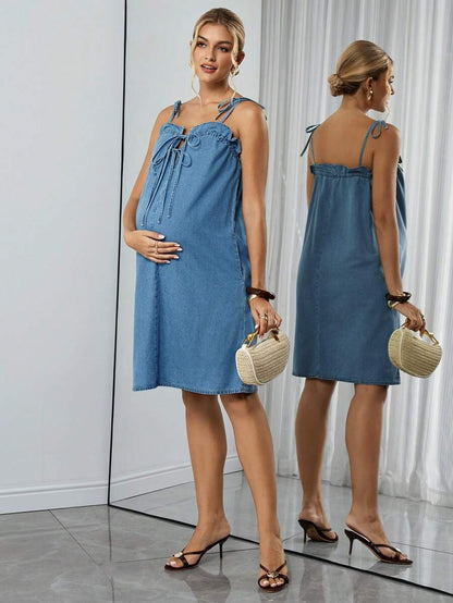Maternity Denim Mini Dress - Spaghetti Strap, Cold Shoulder, Tie Waist, Pocket, Medium Wash