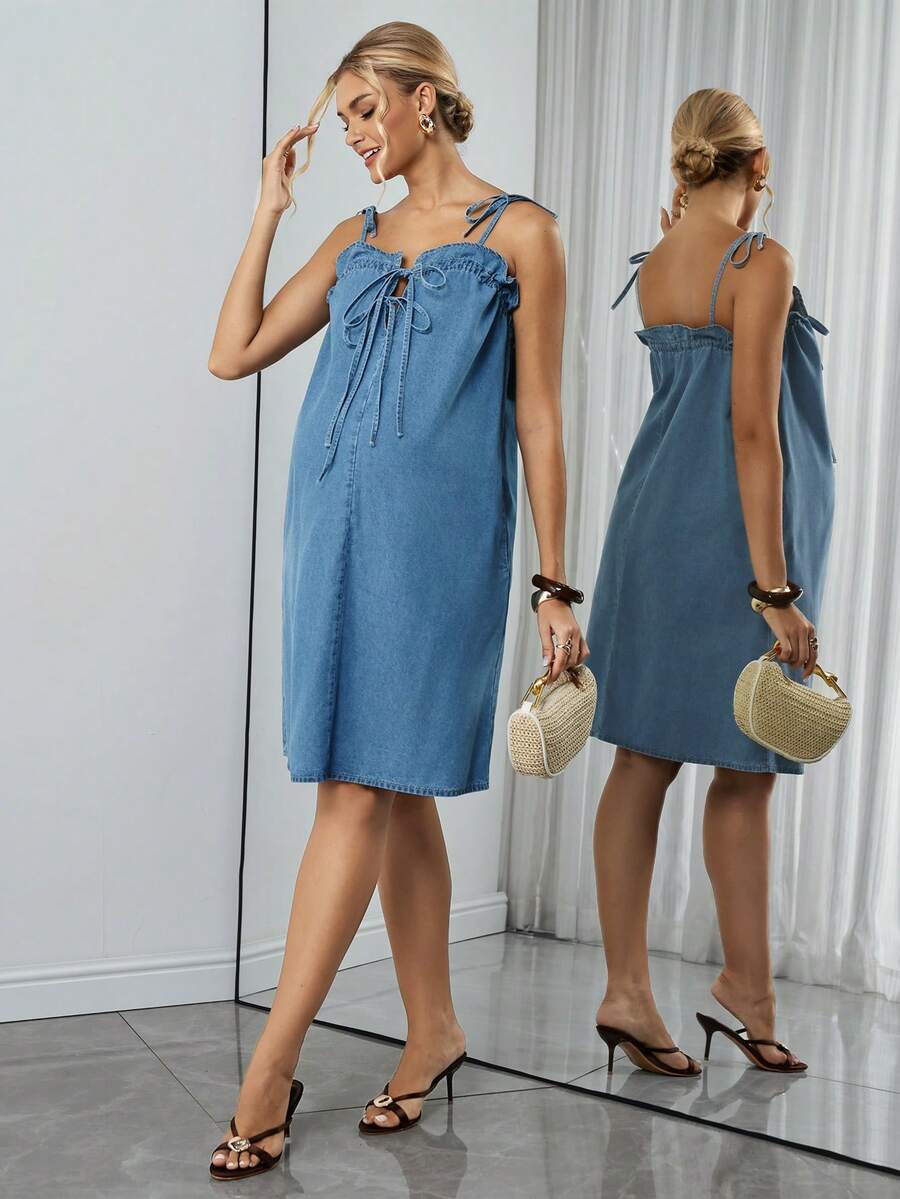 Maternity Denim Mini Dress - Spaghetti Strap, Cold Shoulder, Tie Waist, Pocket, Medium Wash