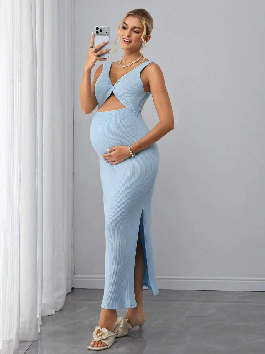 Maternity Ribbed Knit Bodycon Midi Dress - Notched Neck, Cold Shoulder, Twist, Slit Hem, Blue