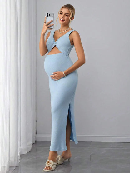 Maternity Ribbed Knit Bodycon Midi Dress - Notched Neck, Cold Shoulder, Twist, Slit Hem, Blue
