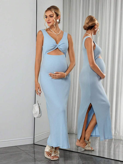 Maternity Ribbed Knit Bodycon Midi Dress - Notched Neck, Cold Shoulder, Twist, Slit Hem, Blue
