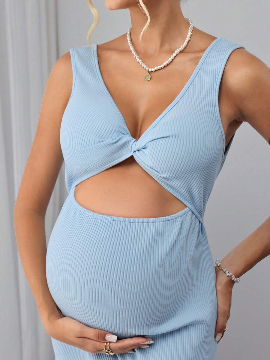 Maternity Ribbed Knit Bodycon Midi Dress - Notched Neck, Cold Shoulder, Twist, Slit Hem, Blue