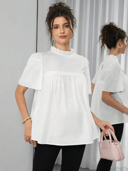 Maternity Cotton Blouse - Stand Collar, Puff Half Sleeve, Lace Patchwork, Ruffle, White