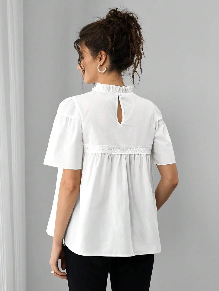 Maternity Cotton Blouse - Stand Collar, Puff Half Sleeve, Lace Patchwork, Ruffle, White