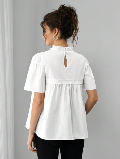 Maternity Cotton Blouse - Stand Collar, Puff Half Sleeve, Lace Patchwork, Ruffle, White