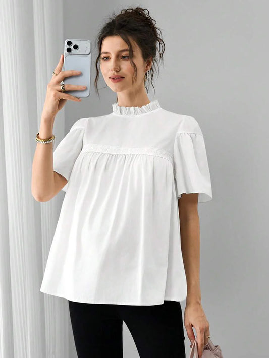 Maternity Cotton Blouse - Stand Collar, Puff Half Sleeve, Lace Patchwork, Ruffle, White