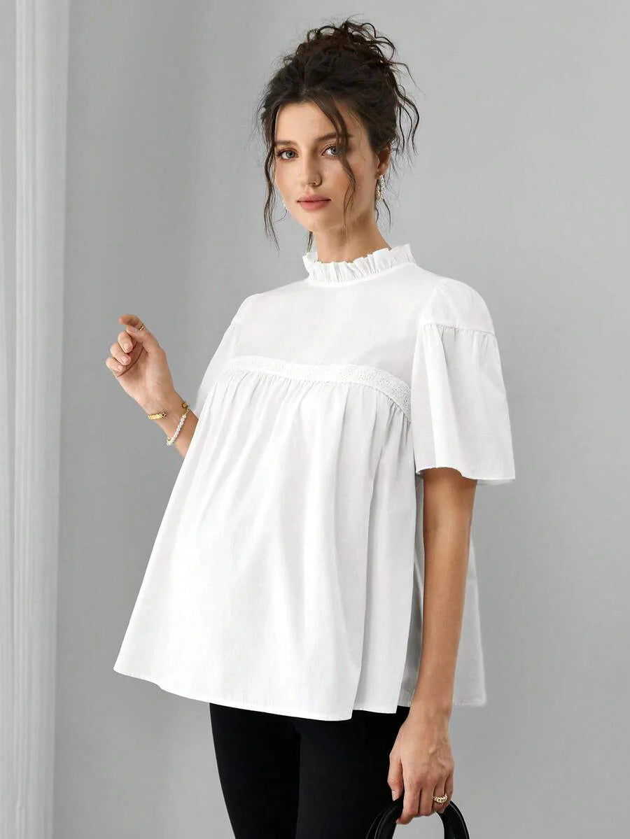 Maternity Cotton Blouse - Stand Collar, Puff Half Sleeve, Lace Patchwork, Ruffle, White
