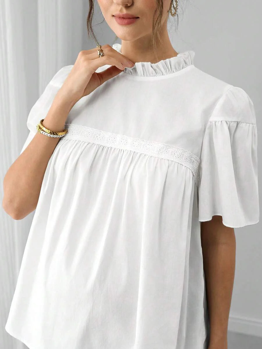 Maternity Cotton Blouse - Stand Collar, Puff Half Sleeve, Lace Patchwork, Ruffle, White