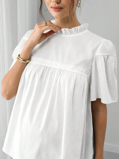 Maternity Cotton Blouse - Stand Collar, Puff Half Sleeve, Lace Patchwork, Ruffle, White