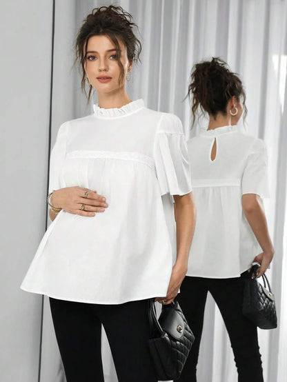Maternity Cotton Blouse - Stand Collar, Puff Half Sleeve, Lace Patchwork, Ruffle, White
