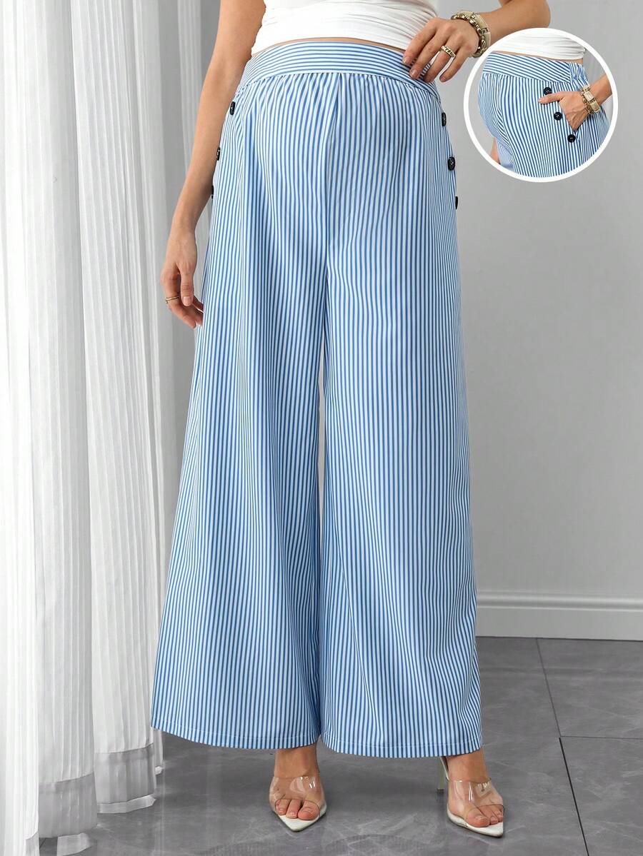 Maternity Striped Palazzo Pants - Pleated, Pocket, Fake Buttons, Loose Fit, High Waist, Blue