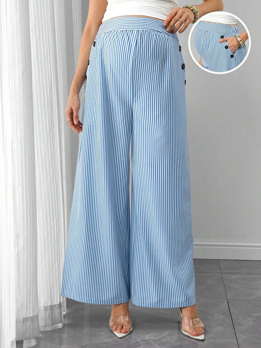 Maternity Striped Palazzo Pants - Pleated, Pocket, Fake Buttons, Loose Fit, High Waist, Blue