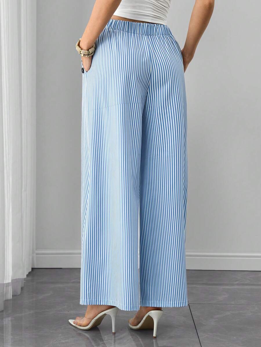 Maternity Striped Palazzo Pants - Pleated, Pocket, Fake Buttons, Loose Fit, High Waist, Blue