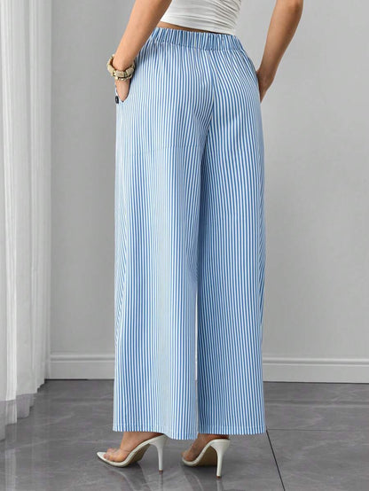 Maternity Striped Palazzo Pants - Pleated, Pocket, Fake Buttons, Loose Fit, High Waist, Blue