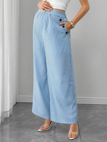 Maternity Striped Palazzo Pants - Pleated, Pocket, Fake Buttons, Loose Fit, High Waist, Blue