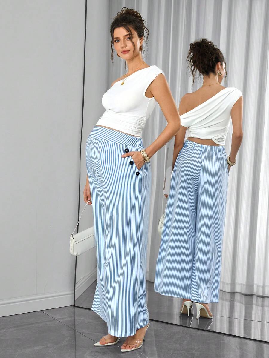 Maternity Striped Palazzo Pants - Pleated, Pocket, Fake Buttons, Loose Fit, High Waist, Blue