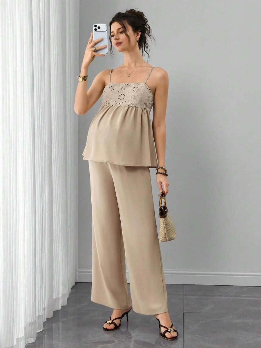 Maternity 2-Piece Set - Spaghetti Strap Camisole & Straight Leg Pants, Embroidery, Khaki
