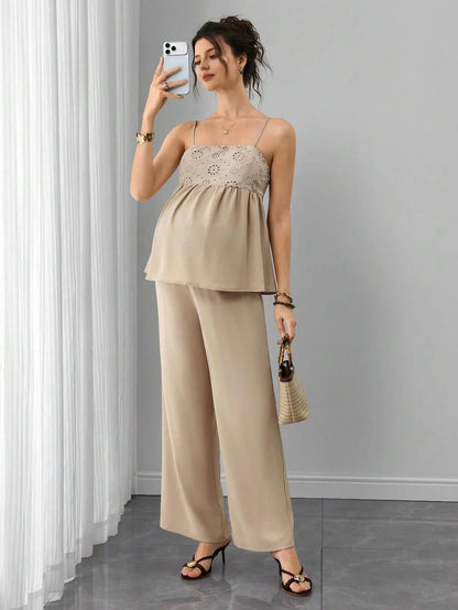 Maternity 2-Piece Set - Spaghetti Strap Camisole & Straight Leg Pants, Embroidery, Khaki