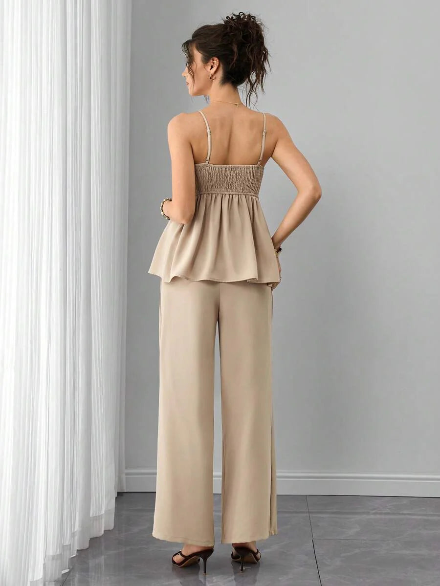 Maternity 2-Piece Set - Spaghetti Strap Camisole & Straight Leg Pants, Embroidery, Khaki