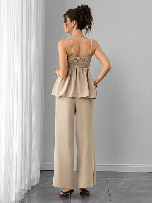 Maternity 2-Piece Set - Spaghetti Strap Camisole & Straight Leg Pants, Embroidery, Khaki