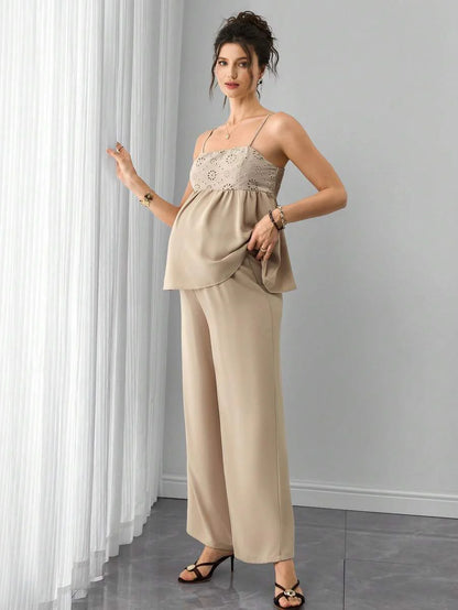 Maternity 2-Piece Set - Spaghetti Strap Camisole & Straight Leg Pants, Embroidery, Khaki
