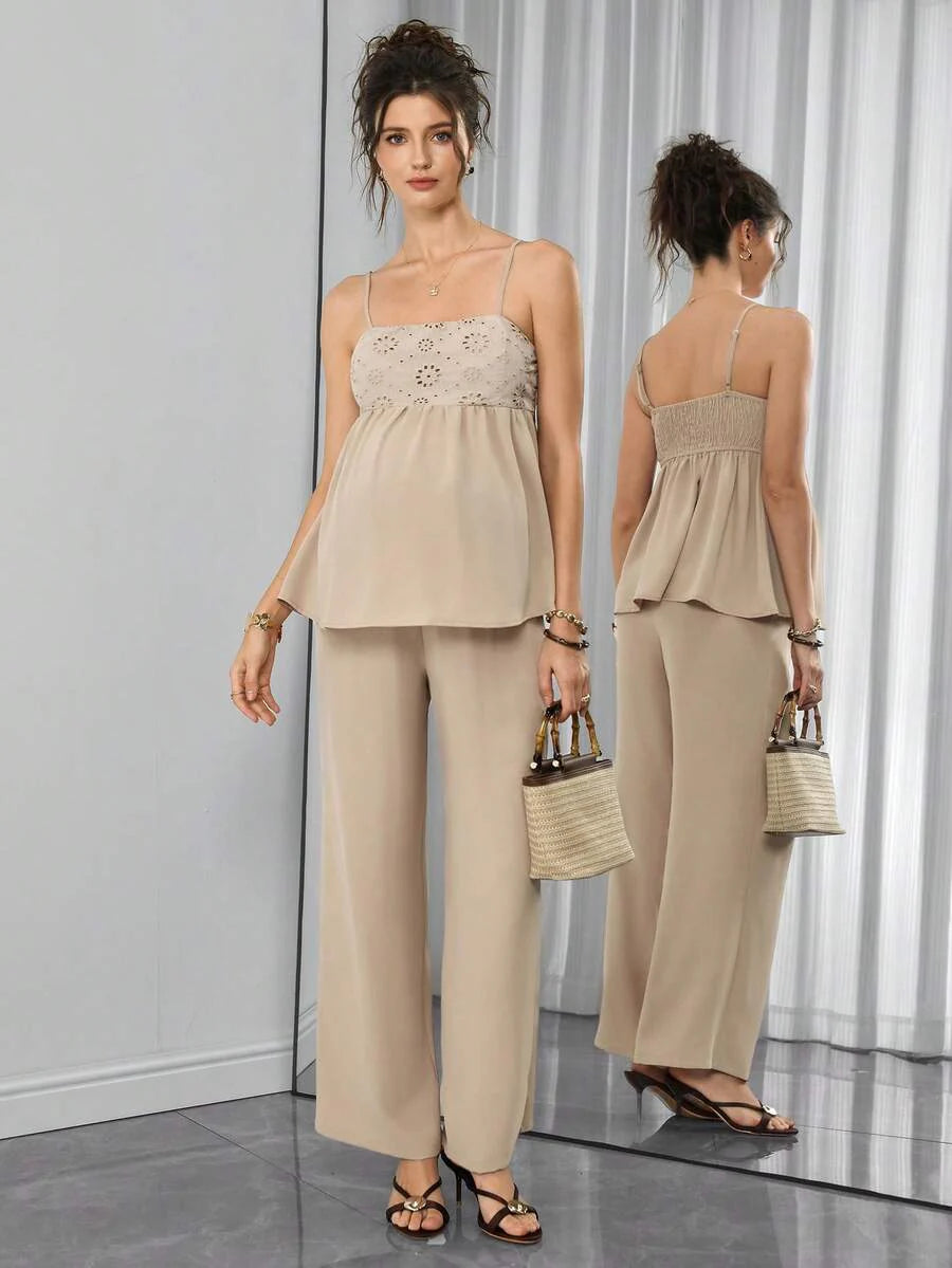 Maternity 2-Piece Set - Spaghetti Strap Camisole & Straight Leg Pants, Embroidery, Khaki