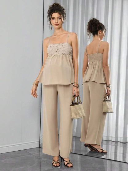 Maternity 2-Piece Set - Spaghetti Strap Camisole & Straight Leg Pants, Embroidery, Khaki