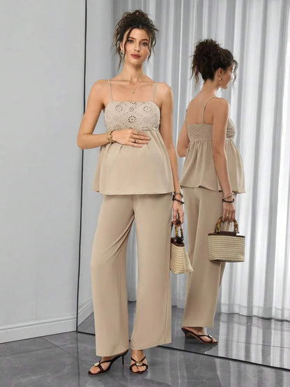 Maternity 2-Piece Set - Spaghetti Strap Camisole & Straight Leg Pants, Embroidery, Khaki