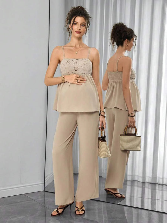 Maternity 2-Piece Set - Spaghetti Strap Camisole & Straight Leg Pants, Embroidery, Khaki