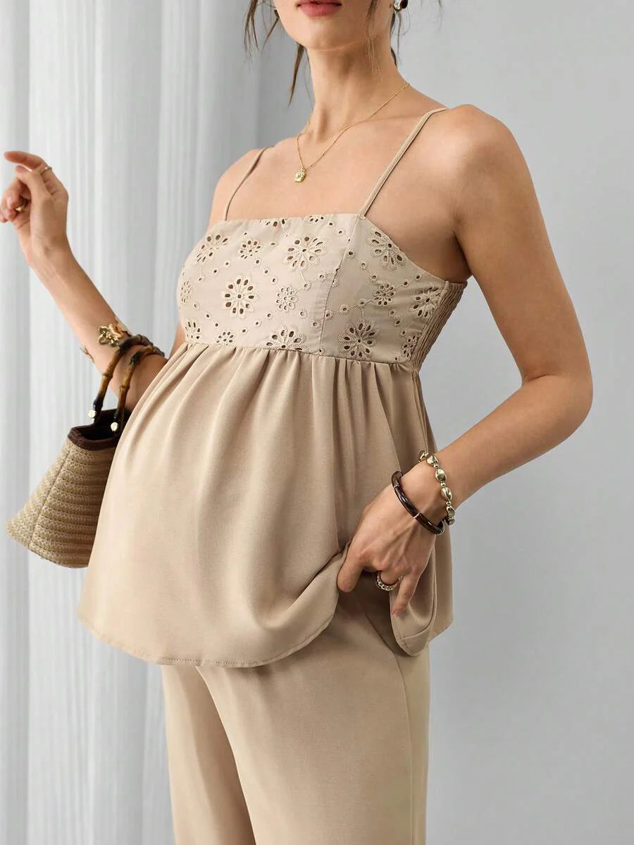Maternity 2-Piece Set - Spaghetti Strap Camisole & Straight Leg Pants, Embroidery, Khaki