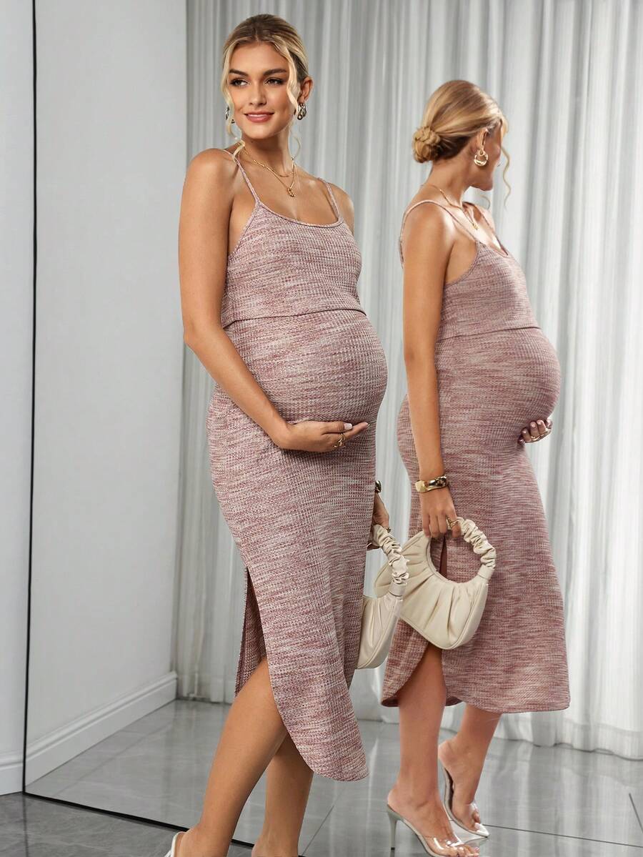 Maternity Knit Nursing Midi Dress - Spaghetti Strap, Cloak Sleeve, Slit Hem, Drawstring, Pink