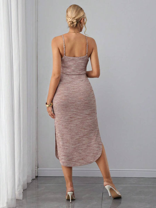 Maternity Knit Nursing Midi Dress - Spaghetti Strap, Cloak Sleeve, Slit Hem, Drawstring, Pink