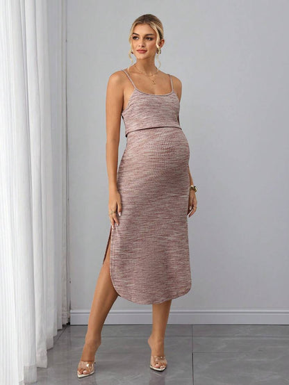 Maternity Knit Nursing Midi Dress - Spaghetti Strap, Cloak Sleeve, Slit Hem, Drawstring, Pink
