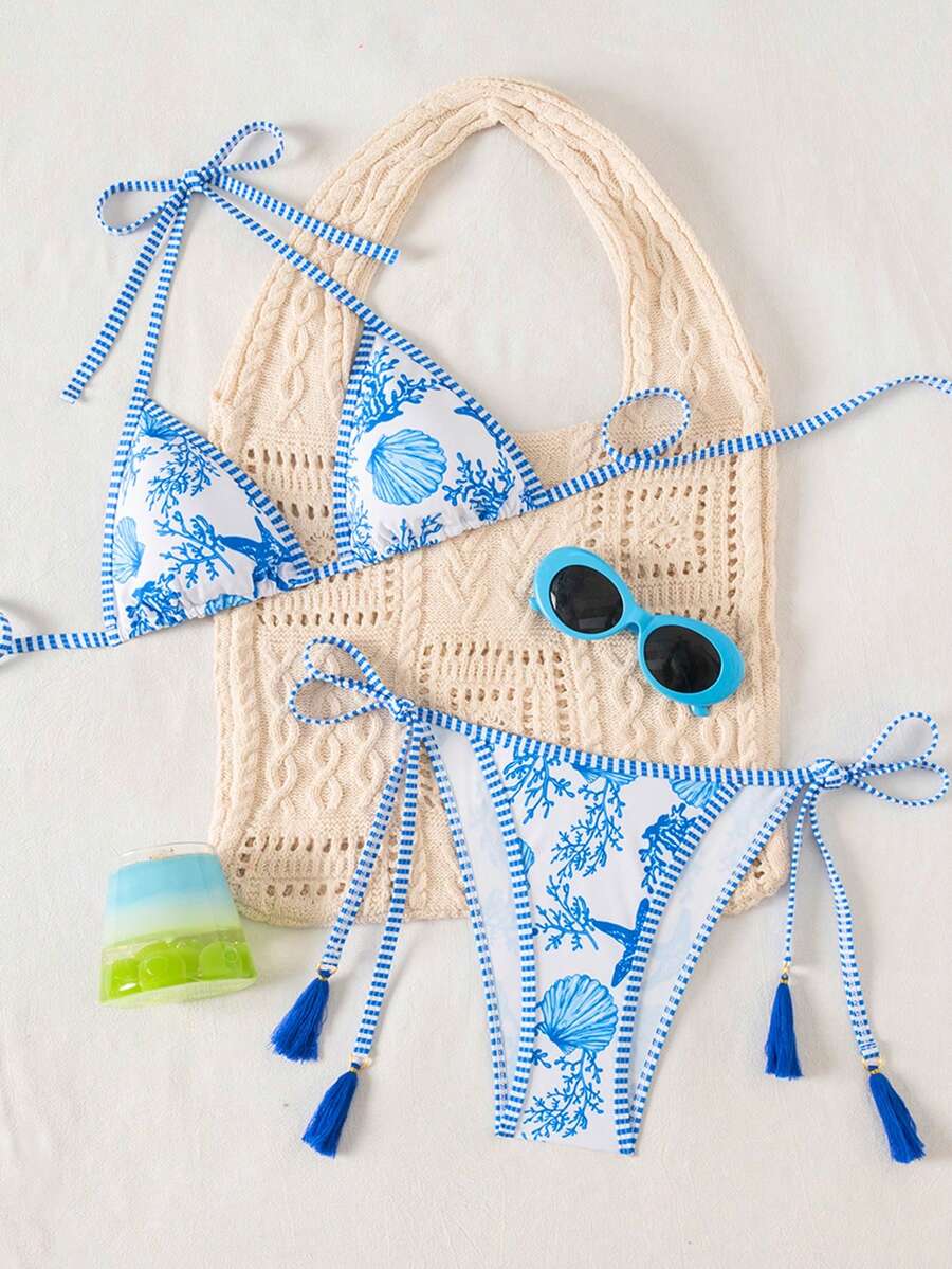 Swim Vcay Women's Summer Vacation Beach Paisley Print Halter Neck Bikini Set