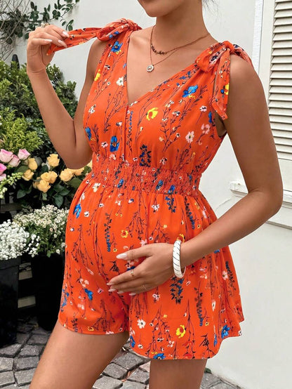 Green Floral Print Sleeveless Maternity Romper - Boho Deep V Neck High Waist Jumpsuit - Loose Fit Short Summer Beach Outfit