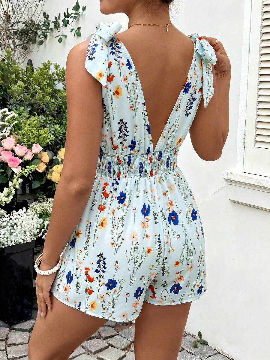 Green Floral Print Sleeveless Maternity Romper - Boho Deep V Neck High Waist Jumpsuit - Loose Fit Short Summer Beach Outfit